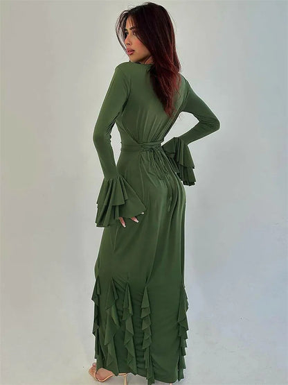 Bandage Ruffled Slim Maxi Dress Women’s Elegant Patchwork Lace-Up Solid Bodycon Dress Female Autumn  Long Dress Ladies