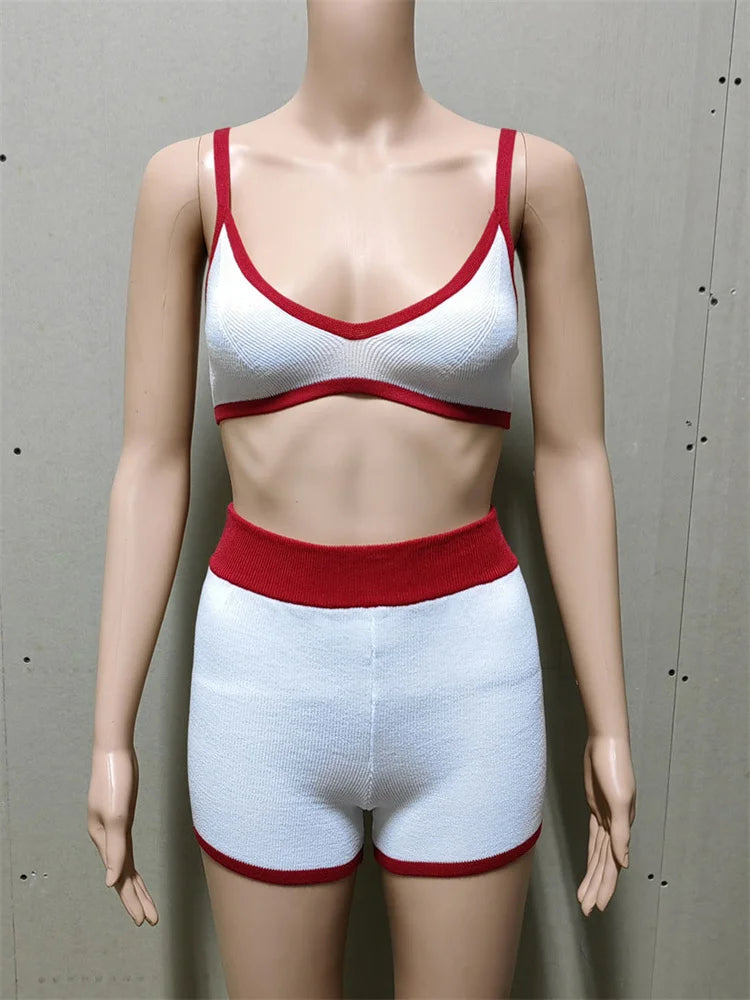 Beach Holiday Bikini For Women 2 Piece-Set Contrast High Waist Shorts Sets Fashion Spaghetti Knit Patchwork Bikini Outfits
