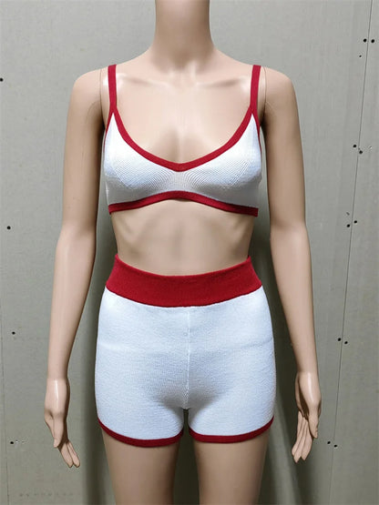 Beach Holiday Bikini For Women 2 Piece-Set Contrast High Waist Shorts Sets Fashion Spaghetti Knit Patchwork Bikini Outfits