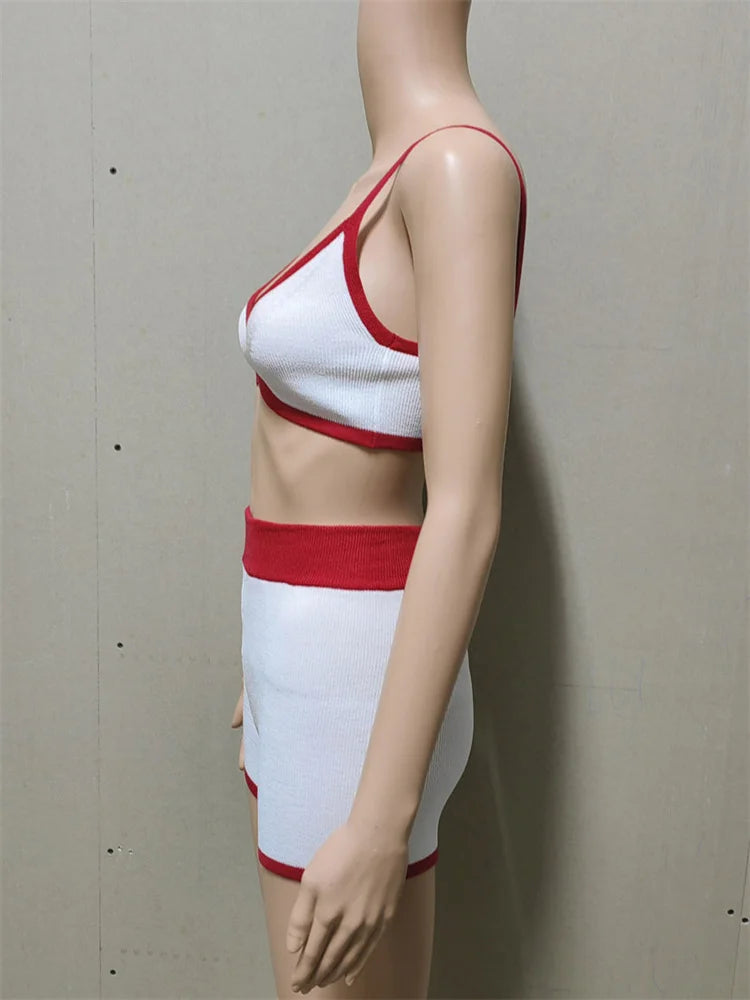 Beach Holiday Bikini For Women 2 Piece-Set Contrast High Waist Shorts Sets Fashion Spaghetti Knit Patchwork Bikini Outfits