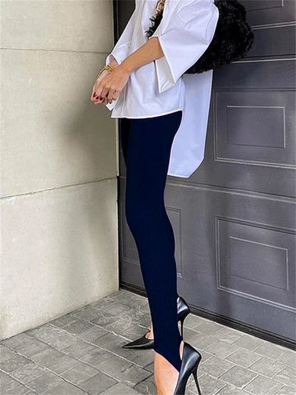 Leggings de punto acanalado beige para mujer, pantalones básicos de fitness de algodón de cintura alta, leggings ajustados informales que combinan con todo para primavera.