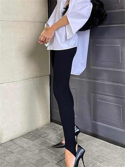 Leggings de punto acanalado beige para mujer, pantalones básicos de fitness de algodón de cintura alta, leggings ajustados informales que combinan con todo para primavera.