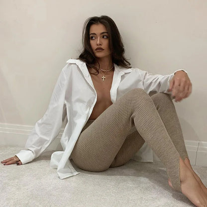 Leggings de punto acanalado beige para mujer, pantalones básicos de fitness de algodón de cintura alta, leggings ajustados informales que combinan con todo para primavera.