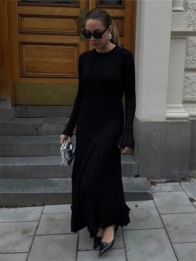 Black Autumn Knitwear Maxi Dress Women’s Ribbed Loose Patchwork Fashion High Waist Solid Dress Femal Bodycon Knit Dress