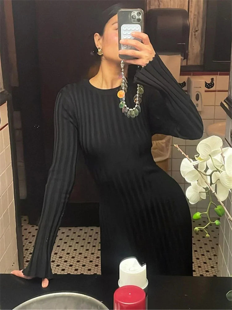Black Autumn Knitwear Maxi Dress Women’s Ribbed Loose Patchwork Fashion High Waist Solid Dress Femal Bodycon Knit Dress