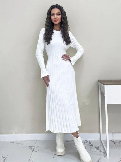 Black Autumn Knitwear Maxi Dress Women’s Ribbed Loose Patchwork Fashion High Waist Solid Dress Femal Bodycon Knit Dress