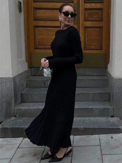 Black Autumn Knitwear Maxi Dress Women’s Ribbed Loose Patchwork Fashion High Waist Solid Dress Femal Bodycon Knit Dress