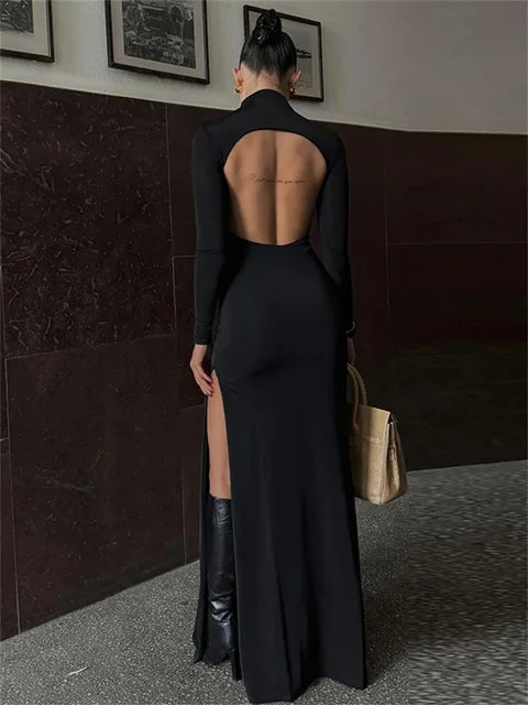 Black Backless Slim Long Dress For Women High Split Fashion Long Sleeve Patchwork Party Dress Ladies Elegant Maxi Dress