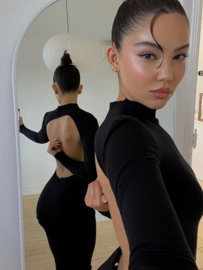 Black Backless Slim Long Dress For Women High Split Fashion Long Sleeve Patchwork Party Dress Ladies Elegant Maxi Dress