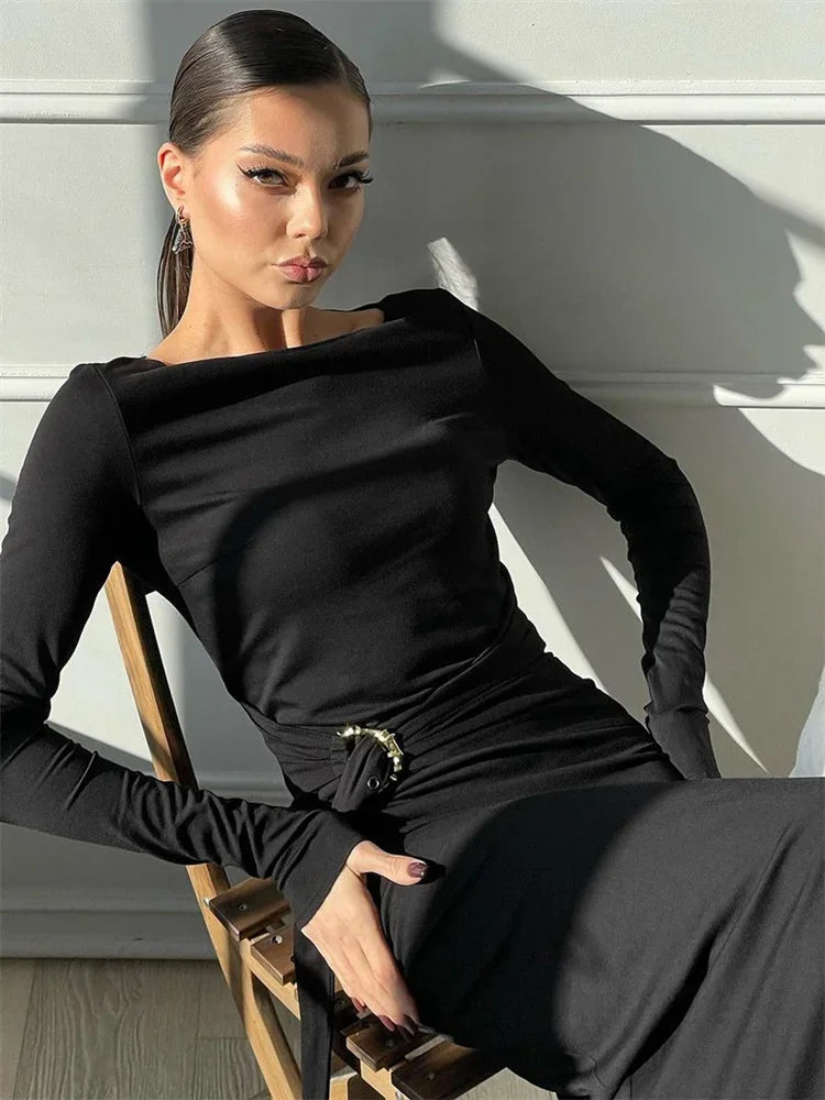 Black Fashion Lace-Up Long Dress For Women Skinny High Waist Patchwork Side Split Elegant Dress Female Party Maxi Dress