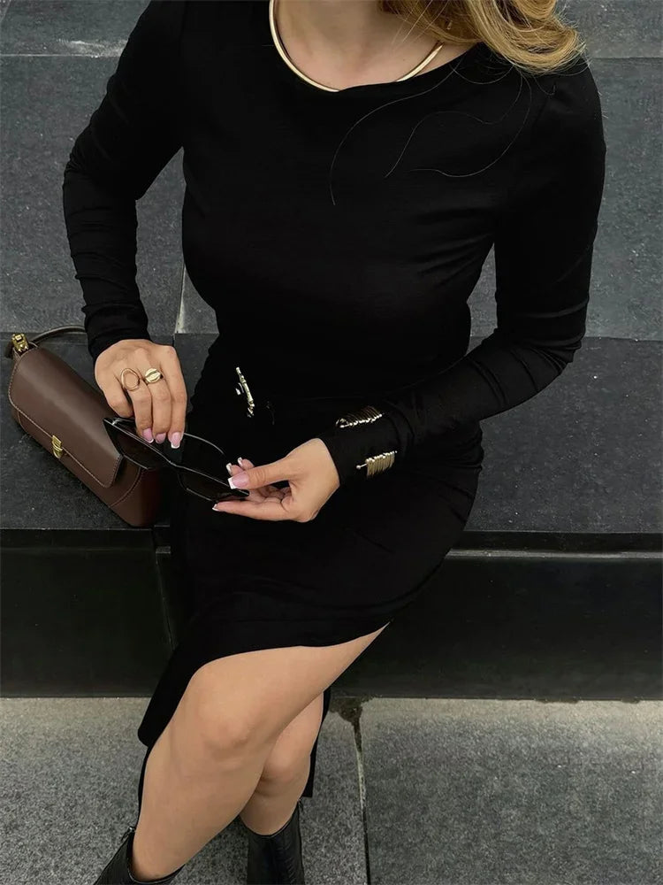 Black Fashion Lace-Up Long Dress For Women Skinny High Waist Patchwork Side Split Elegant Dress Female Party Maxi Dress