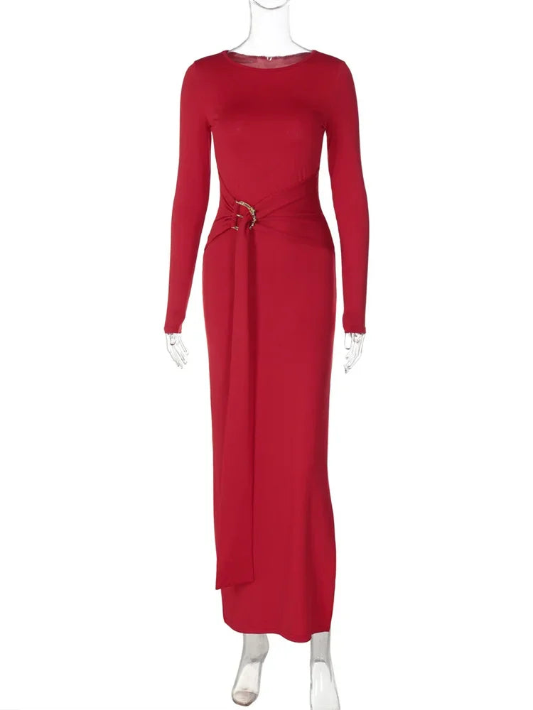 Black Fashion Lace-Up Long Dress For Women Skinny High Waist Patchwork Side Split Elegant Dress Female Party Maxi Dress