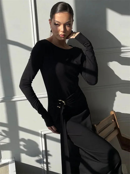 Black Fashion Lace-Up Long Dress For Women Skinny High Waist Patchwork Side Split Elegant Dress Female Party Maxi Dress