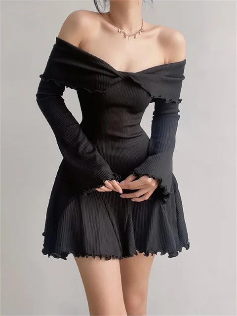 Black Knit Ruffled Mini Dress Women Patchwork Off-Shoulder Loose Slim Fashion Ribbed Dress Knitwear Clothes Female Dress