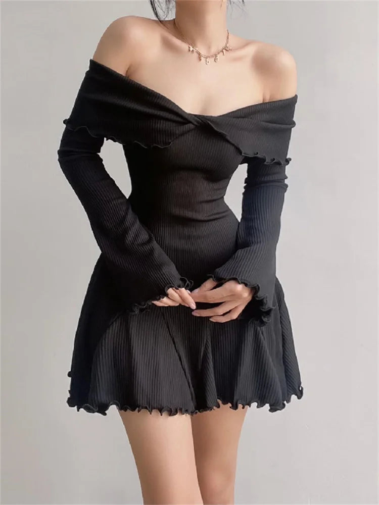 Black Knit Ruffled Mini Dress Women Patchwork Off-Shoulder Loose Slim Fashion Ribbed Dress Knitwear Clothes Female Dress