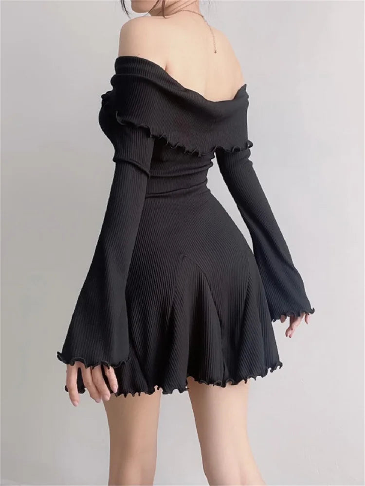 Black Knit Ruffled Mini Dress Women Patchwork Off-Shoulder Loose Slim Fashion Ribbed Dress Knitwear Clothes Female Dress