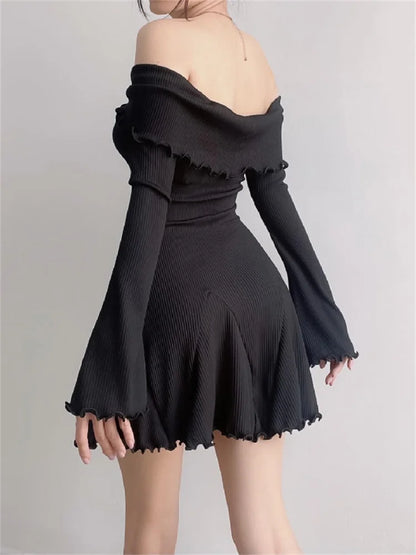 Black Knit Ruffled Mini Dress Women Patchwork Off-Shoulder Loose Slim Fashion Ribbed Dress Knitwear Clothes Female Dress