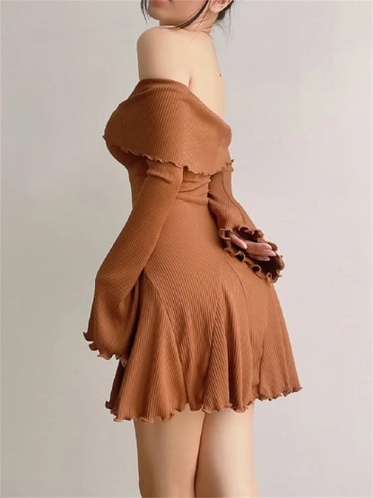 Black Knit Ruffled Mini Dress Women Patchwork Off-Shoulder Loose Slim Fashion Ribbed Dress Knitwear Clothes Female Dress
