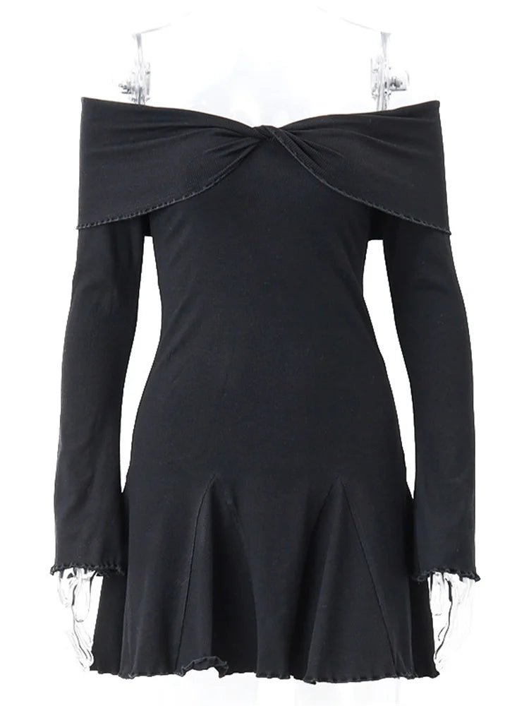 Black Knit Ruffled Mini Dress Women Patchwork Off-Shoulder Loose Slim Fashion Ribbed Dress Knitwear Clothes Female Dress