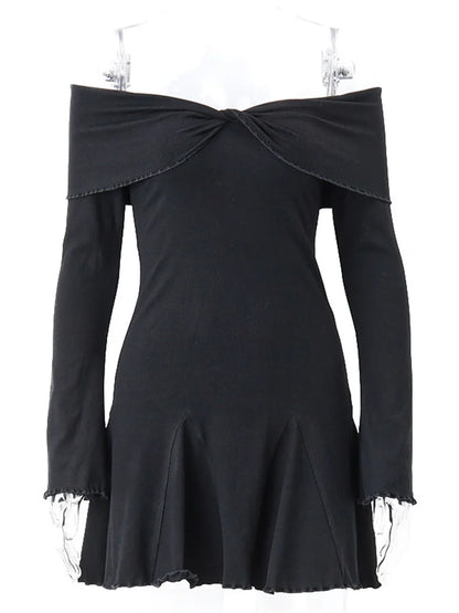 Black Knit Ruffled Mini Dress Women Patchwork Off-Shoulder Loose Slim Fashion Ribbed Dress Knitwear Clothes Female Dress