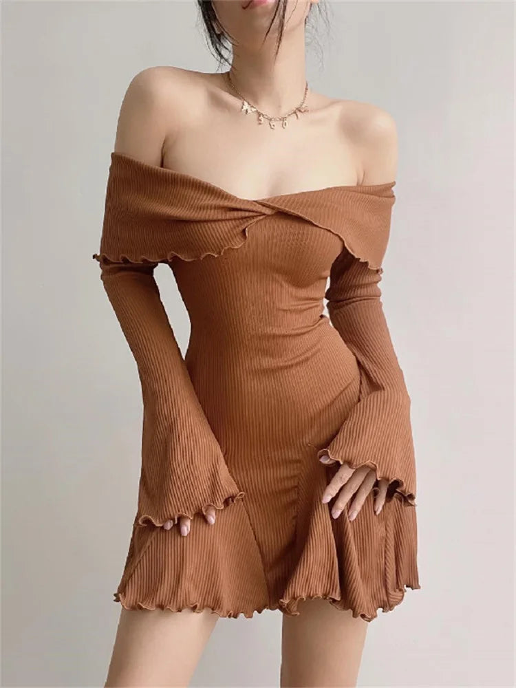 Black Knit Ruffled Mini Dress Women Patchwork Off-Shoulder Loose Slim Fashion Ribbed Dress Knitwear Clothes Female Dress