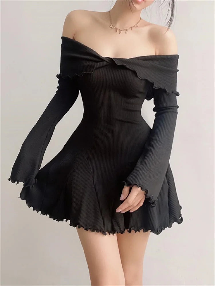 Black Knit Ruffled Mini Dress Women Patchwork Off-Shoulder Loose Slim Fashion Ribbed Dress Knitwear Clothes Female Dress
