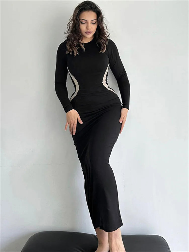 Black Patchwork Slim Dress For Women Long Sleeve Fashion Contrast Bodycon Elegant Party Dress Ladies Casual Maxi Dress