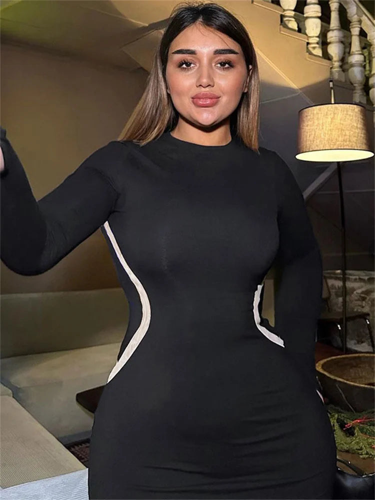 Black Patchwork Slim Dress For Women Long Sleeve Fashion Contrast Bodycon Elegant Party Dress Ladies Casual Maxi Dress