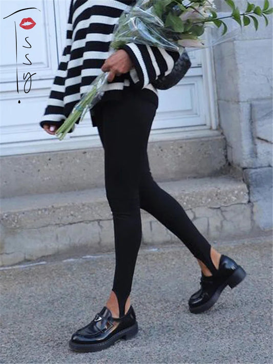 Leggings de punto acanalado negro para mujer, pantalones básicos de fitness de algodón de cintura alta, leggings ajustados informales que combinan con todo para primavera.
