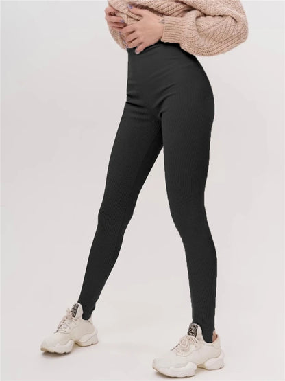 Leggings de punto acanalado negro para mujer, pantalones básicos de fitness de algodón de cintura alta, leggings ajustados informales que combinan con todo para primavera.