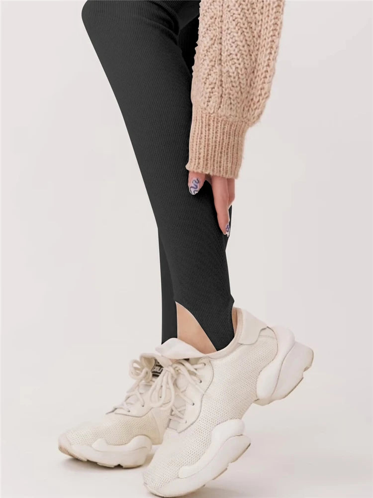 Leggings de punto acanalado negro para mujer, pantalones básicos de fitness de algodón de cintura alta, leggings ajustados informales que combinan con todo para primavera.