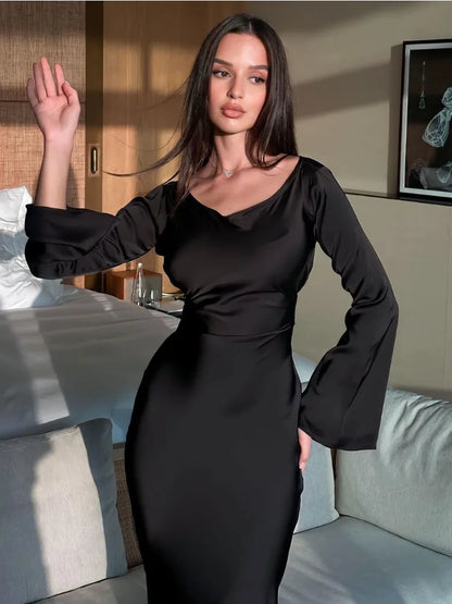 Black Satin Bandage Maxi Dress Women Slin High Waist Fashion Patchwork Elegant Long Sleeve Dress Ladies Gown Long Dress