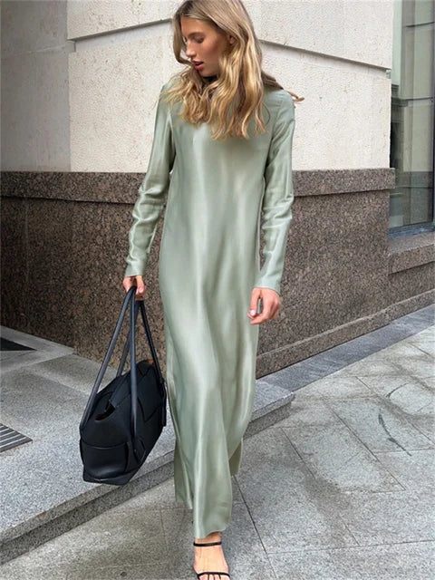 Black Satin Fashion Maxi Dress For Women Patchwork Slim High Waist Elegant Solid Split Long Dress Ladies Party Dress 2025