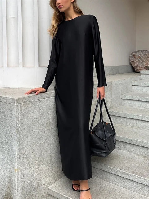Black Satin Fashion Maxi Dress For Women Patchwork Slim High Waist Elegant Solid Split Long Dress Ladies Party Dress 2025