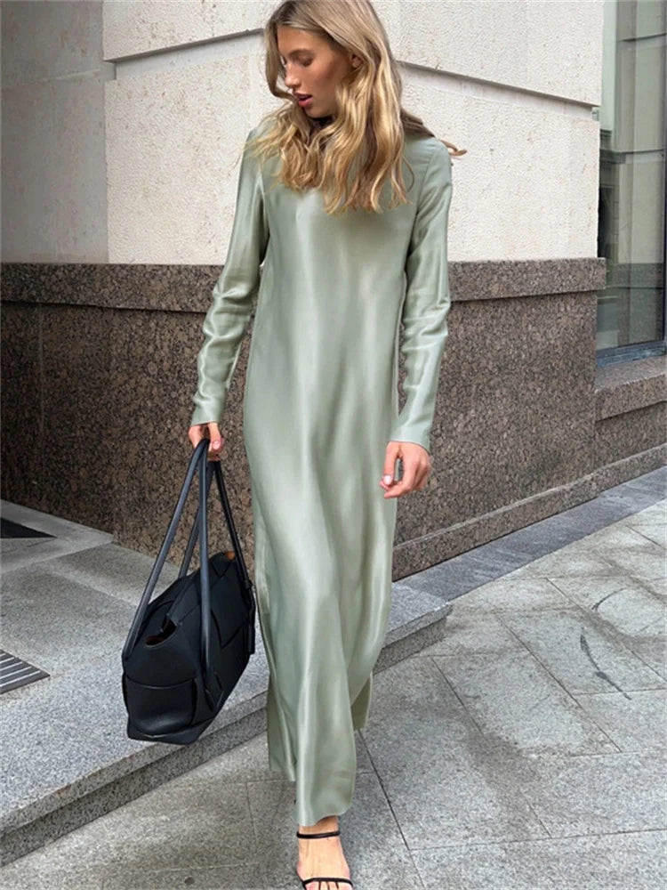 Black Satin Fashion Maxi Dress For Women Patchwork Slim High Waist Elegant Solid Split Long Dress Ladies Party Dress 2025