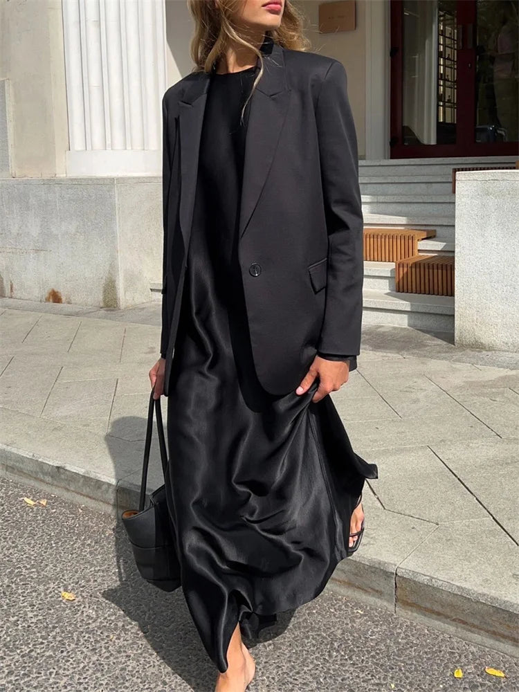 Black Satin Fashion Maxi Dress For Women Patchwork Slim High Waist Elegant Solid Split Long Dress Ladies Party Dress 2025