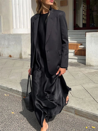 Black Satin Fashion Maxi Dress For Women Patchwork Slim High Waist Elegant Solid Split Long Dress Ladies Party Dress 2025