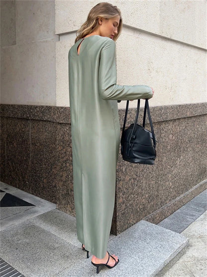 Black Satin Fashion Maxi Dress For Women Patchwork Slim High Waist Elegant Solid Split Long Dress Ladies Party Dress 2025