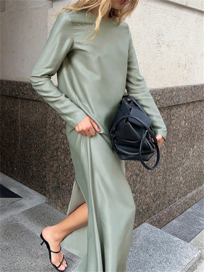 Black Satin Fashion Maxi Dress For Women Patchwork Slim High Waist Elegant Solid Split Long Dress Ladies Party Dress 2025