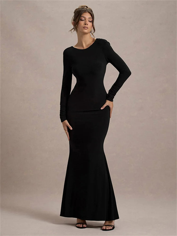 Black Tee Bow Backless Long Dress Women’s Fashion High Waist Luxury Elegant Party Dress Gown Female Autumn Maxi Dress