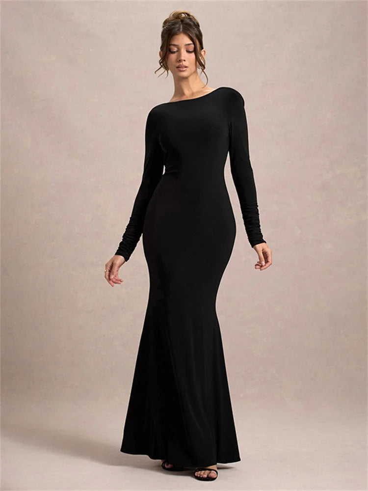 Black Tee Bow Backless Long Dress Women’s Fashion High Waist Luxury Elegant Party Dress Gown Female Autumn Maxi Dress