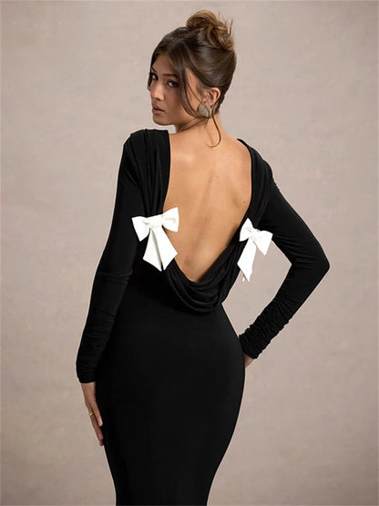 Black Tee Bow Backless Long Dress Women’s Fashion High Waist Luxury Elegant Party Dress Gown Female Autumn Maxi Dress