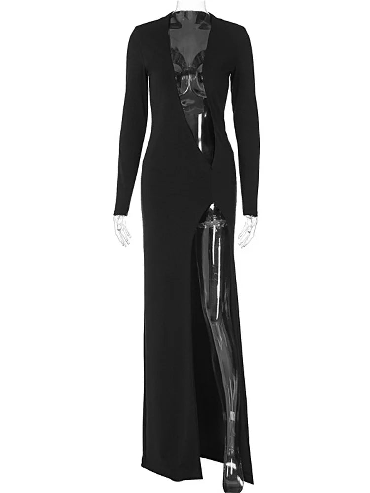 Black V-Neck Hollow Out Maxi Dress Women’s Sexy Slim High Split Long Sleeve Party Dress Fashion See-Through Long Dress New