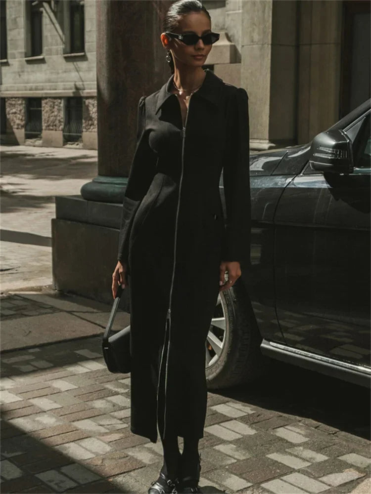 Black Zipper Lapel Maxi Dress For Women Cardigan Fashion Patchwork Vintage Slim High Waist Elegant Streetwear Women Dress
