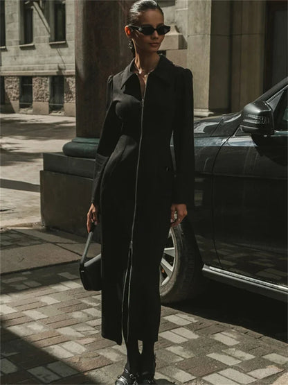Black Zipper Lapel Maxi Dress For Women Cardigan Fashion Patchwork Vintage Slim High Waist Elegant Streetwear Women Dress