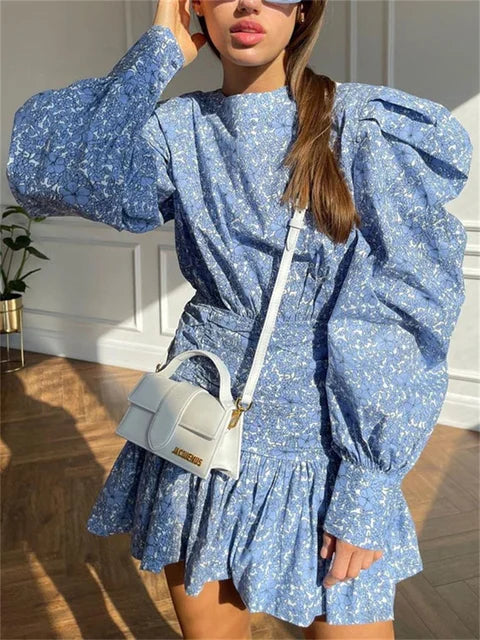 Casual Printed Long Sleeve Pleated Skirts For Women Patchwork Elegant Party Fashion Dress Pleated Slim Y2k Mini Dress 2025