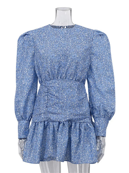 Casual Printed Long Sleeve Pleated Skirts For Women Patchwork Elegant Party Fashion Dress Pleated Slim Y2k Mini Dress 2025