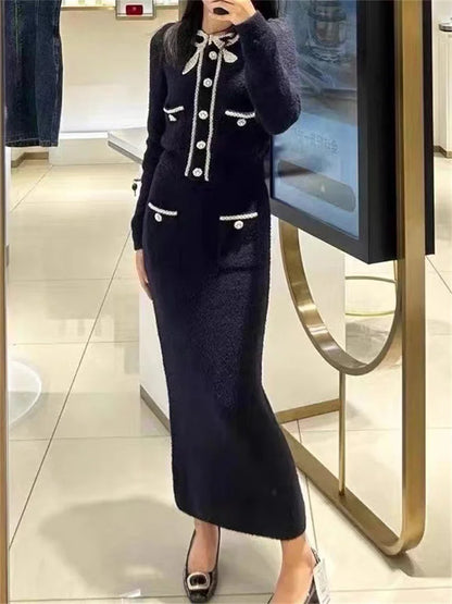 Glitter Knit 2 Piece-Set Long Skirt Women Patchwork Elegant Luxury Fashion Gown Outfits Knitwear Ladies Maxi Skirt Sets