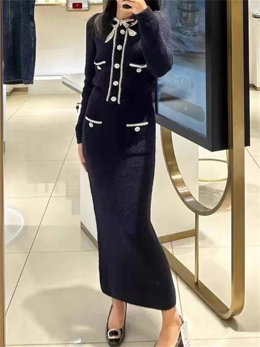 Glitter Knit 2 Piece-Set Long Skirt Women Patchwork Elegant Luxury Fashion Gown Outfits Knitwear Ladies Maxi Skirt Sets