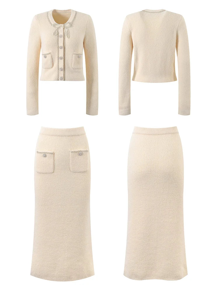 Glitter Knit 2 Piece-Set Long Skirt Women Patchwork Elegant Luxury Fashion Gown Outfits Knitwear Ladies Maxi Skirt Sets